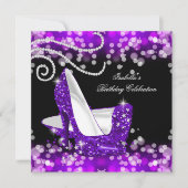 グリッターパープルハイヒールダイヤモンド誕生日 招待状 (正面)