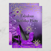 グリッターパープルハイヒールバースデーパーティーパール 招待状 (正面/裏面)