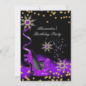 グリッターパープルハイヒールブラック金ゴールド誕生日パーティー 招待状 (正面)