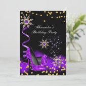 グリッターパープルハイヒールブラック金ゴールド誕生日パーティー 招待状 (スタンド正面)