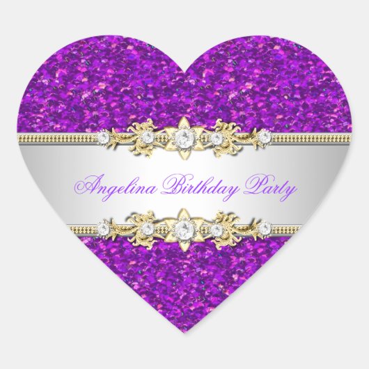 グリッターパープルバースデーパーティー金ゴールドジュエルダイヤモンド ハートシール (正面)