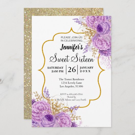 グリッターパープルフローラスイート16誕生日招待状 招待状 (正面/裏面)