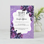 グリッターパープルフローラベビーシャワー招待状 招待状 (スタンド正面)