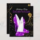 グリッターパープルマゼンタ金ゴールド誕生祝い 招待状 (正面/裏面)