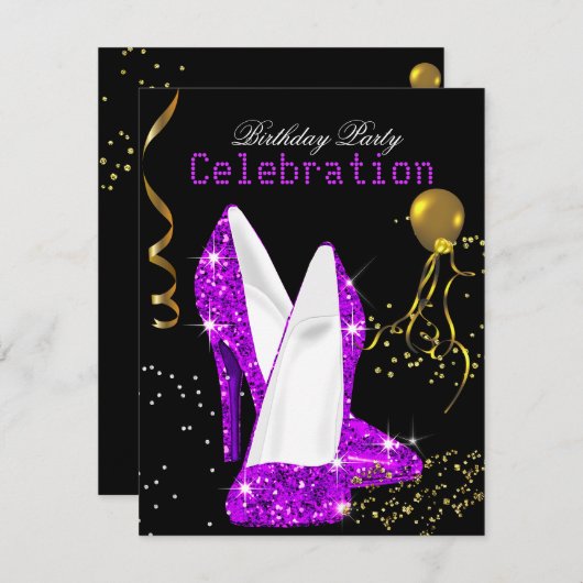 グリッターパープルマゼンタ金ゴールド誕生祝い 招待状 (正面/裏面)