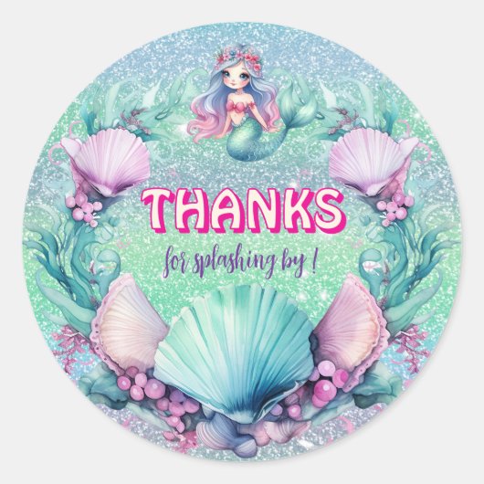 グリッターパープルマーメイド誕生日 ラウンドシール (正面)