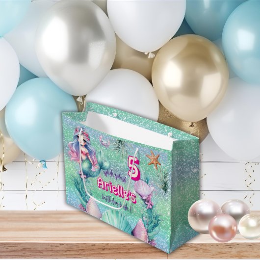 グリッターパープルマーメイド誕生日 ラージペーパーバッグ