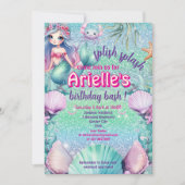 グリッターパープルマーメイド誕生日 招待状 (正面)