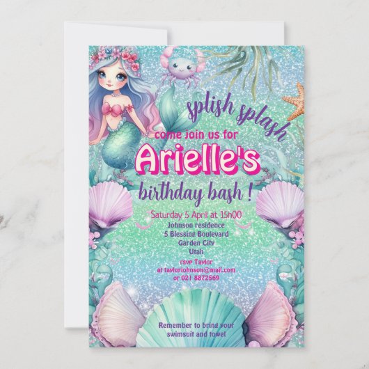グリッターパープルマーメイド誕生日 招待状 (正面)