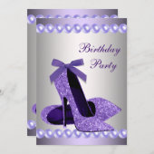 グリッターパールパープルハイヒールシューズ誕生日 招待状 (正面/裏面)