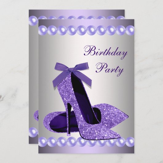 グリッターパールパープルハイヒールシューズ誕生日 招待状 (正面/裏面)