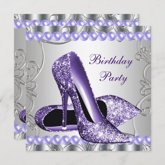 グリッターパールパープルハイヒールシューズ誕生日 招待状 (正面/裏面)