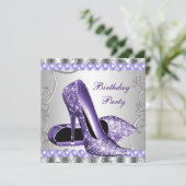 グリッターパールパープルハイヒールシューズ誕生日 招待状 (スタンド正面)