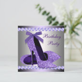グリッターパールパープルハイヒールシューズ誕生日 招待状 (スタンド正面)