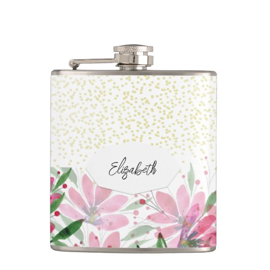 グリッターピンクの花開花水彩 フラスク (正面)