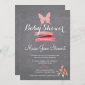 グリッターピンクの蝶リボン赤ちゃん女の子シャワー 招待状 (正面/裏面)