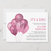 グリッターピンクの風船がベビーガールシャワーでドライブ 招待状 (正面)