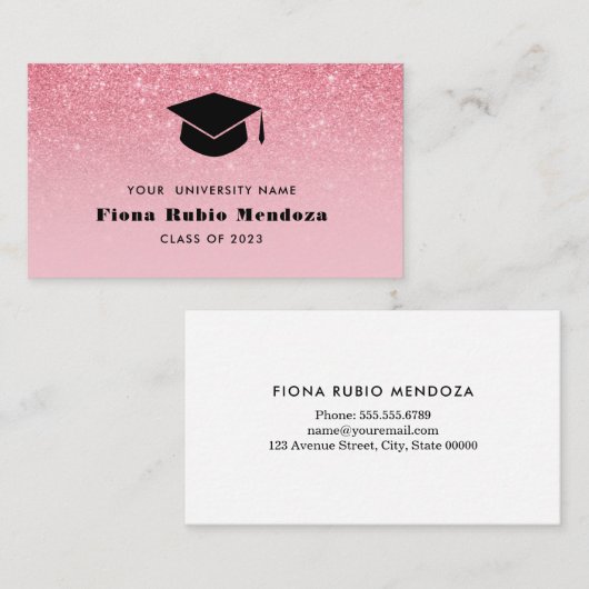 グリッターピンクグラデーションシック卒業キャップ名挿入 名刺 (正面/裏面)