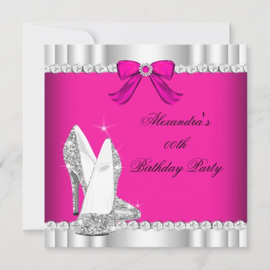 グリッターピンクシルバーグラマーハイヒールパーティー 招待状 (正面)