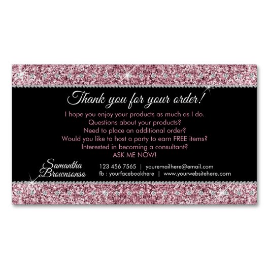 グリッターピンクジュエリーダイヤモンドきらきら光るありがとう マグネット名刺 (正面)