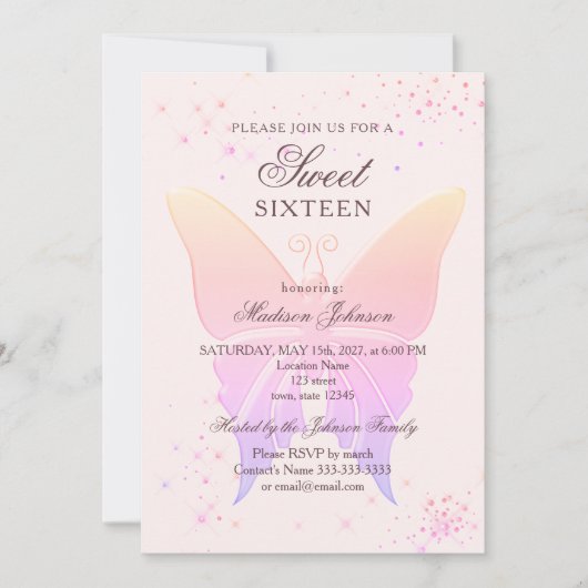 グリッターピンクスイート16誕生日招待状 招待状 (正面)