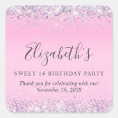 グリッターピンクスウィート16誕生日サンキュー スクエアシール (正面)