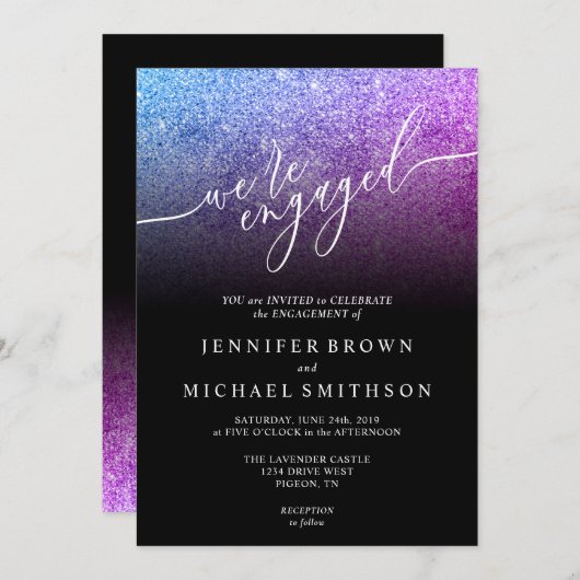 グリッターピンクティール(緑がかった色)SPARKleシグネチャー婚約した 招待状 (正面/裏面)