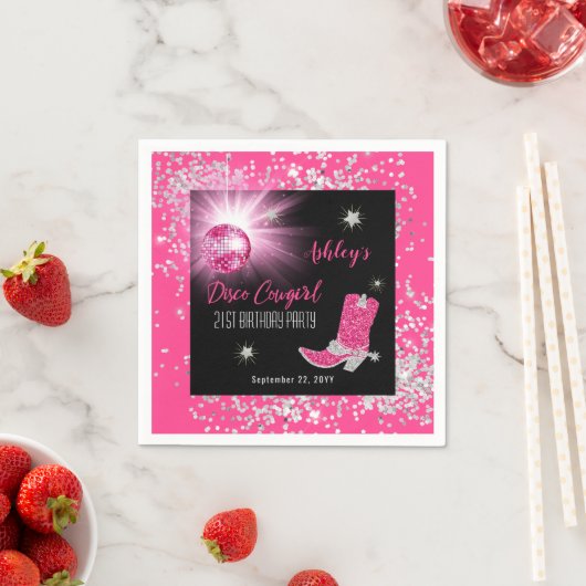 グリッターピンクディスコ女性のカーボーイ21st誕生日パーティー スタンダードカクテルナプキン (インサイチュ)