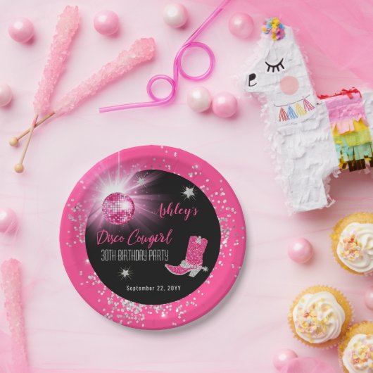グリッターピンクディスコ女性のカーボーイ30th誕生日パーティー ペーパープレート (パーティー)