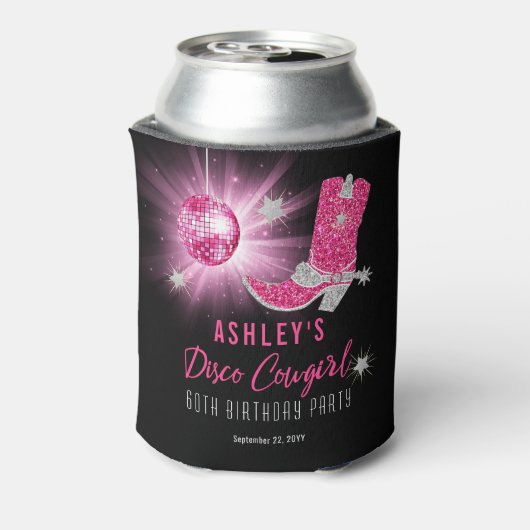グリッターピンクディスコ女性のカーボーイ60thバースデーパーティー 缶クーラー (缶裏面)