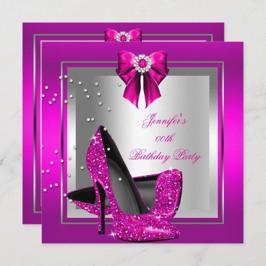グリッターピンクハイヒールシューシルバーバースデーパーティー 招待状 (正面/裏面)