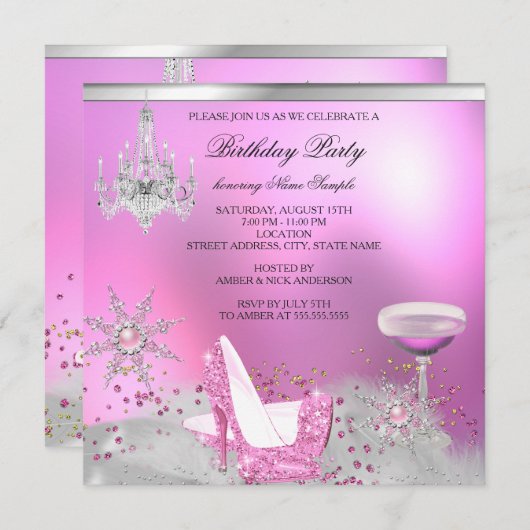 グリッターピンクハイヒールシューズシャンパンパーティー2 招待状 (正面/裏面)