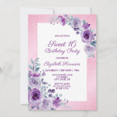 グリッターピンクパープルバラフローラ16誕生日 招待状 (正面)