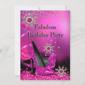 グリッターピンクヒール誕生日パーティー金ゴールドブラックパール 招待状 (正面)