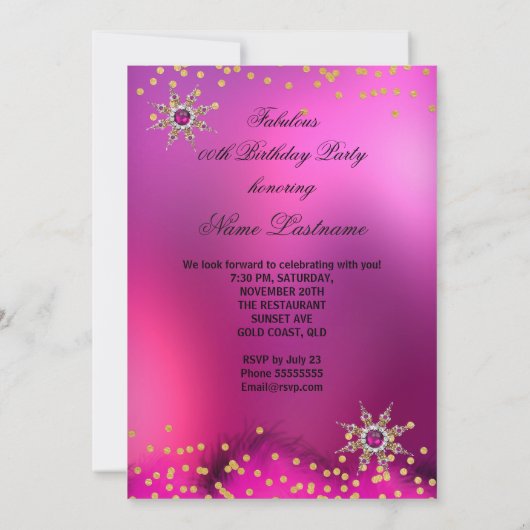 グリッターピンクヒール誕生日パーティー金ゴールドブラックパール 招待状 (裏面)