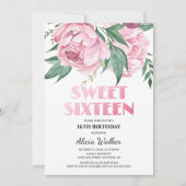 グリッターピンクピーニーフローラスウィーエット16誕生日 招待状 (正面)