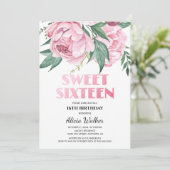 グリッターピンクピーニーフローラスウィーエット16誕生日 招待状 (スタンド正面)