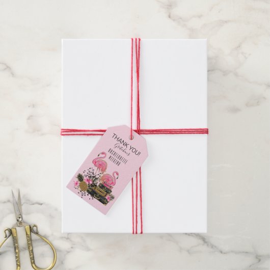 グリッターピンクフラミンゴスーツケースありがとう ギフトタグ (より糸付き)