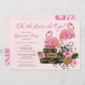 グリッターピンクフラミンゴチーター卒業パーティー 招待状 (正面/裏面)