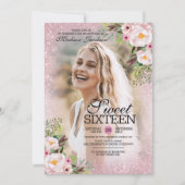 グリッターピンクフローラ写真テンプレートスウィート16パーティー 招待状 (正面)