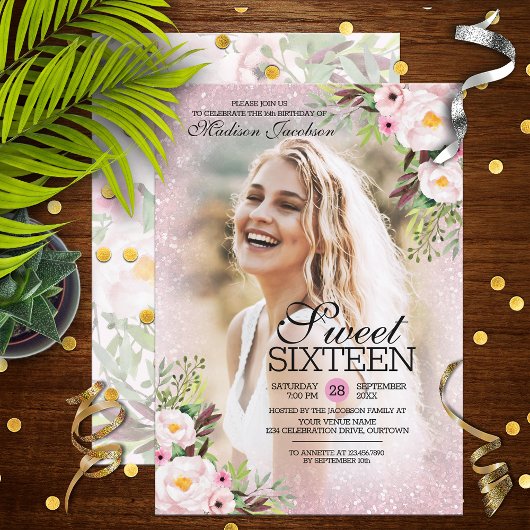 グリッターピンクフローラ写真テンプレートスウィート16パーティー 招待状