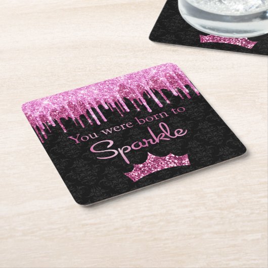 グリッターピンクブラック生まれからスパークルラグジュアリー スクエアペーパーコースター (アングル)