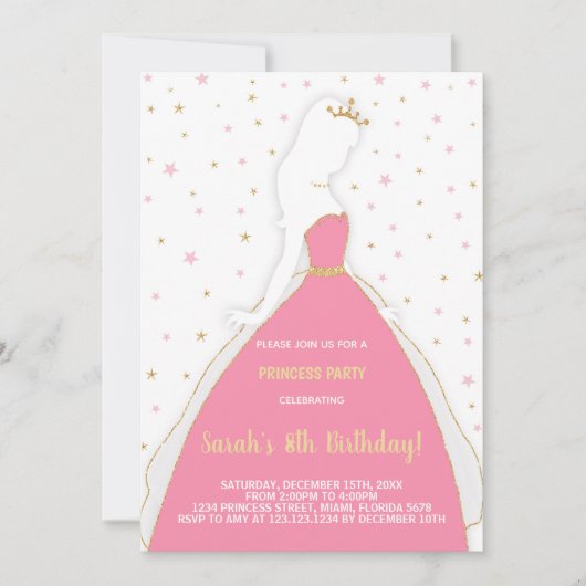 グリッターピンクプリンセス誕生日招待状 招待状 (正面)
