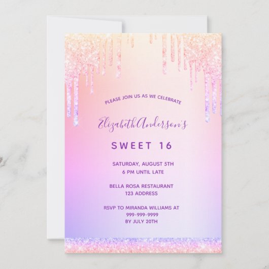 グリッターピンクローズ金ゴールドレインボースウィート16歳 招待状 (正面)