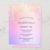 グリッターピンクローズ金ゴールドレインボースウィート16歳 招待状 (正面/裏面)
