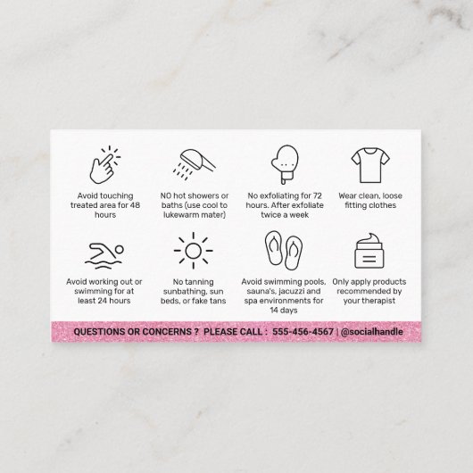 グリッターピンクワックシングアフターケアカードの抜毛 名刺 (裏面)