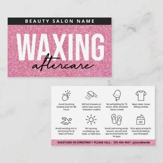 グリッターピンクワックシングアフターケアカードの抜毛 名刺 (正面/裏面)