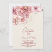 グリッターピンク水色フローラ写真卒業 招待状 (正面)