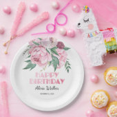 グリッターピンク牡丹フローラ緑誕生日 ペーパープレート (パーティー)