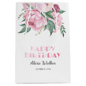 グリッターピンク牡丹フローラ緑誕生日 ミディアムペーパーバッグ (正面)